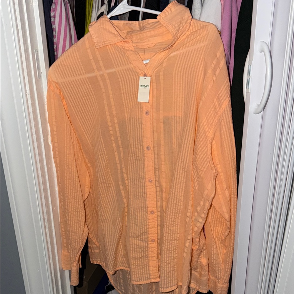 aerie Long Sleeve Button-Up in Peach Orange